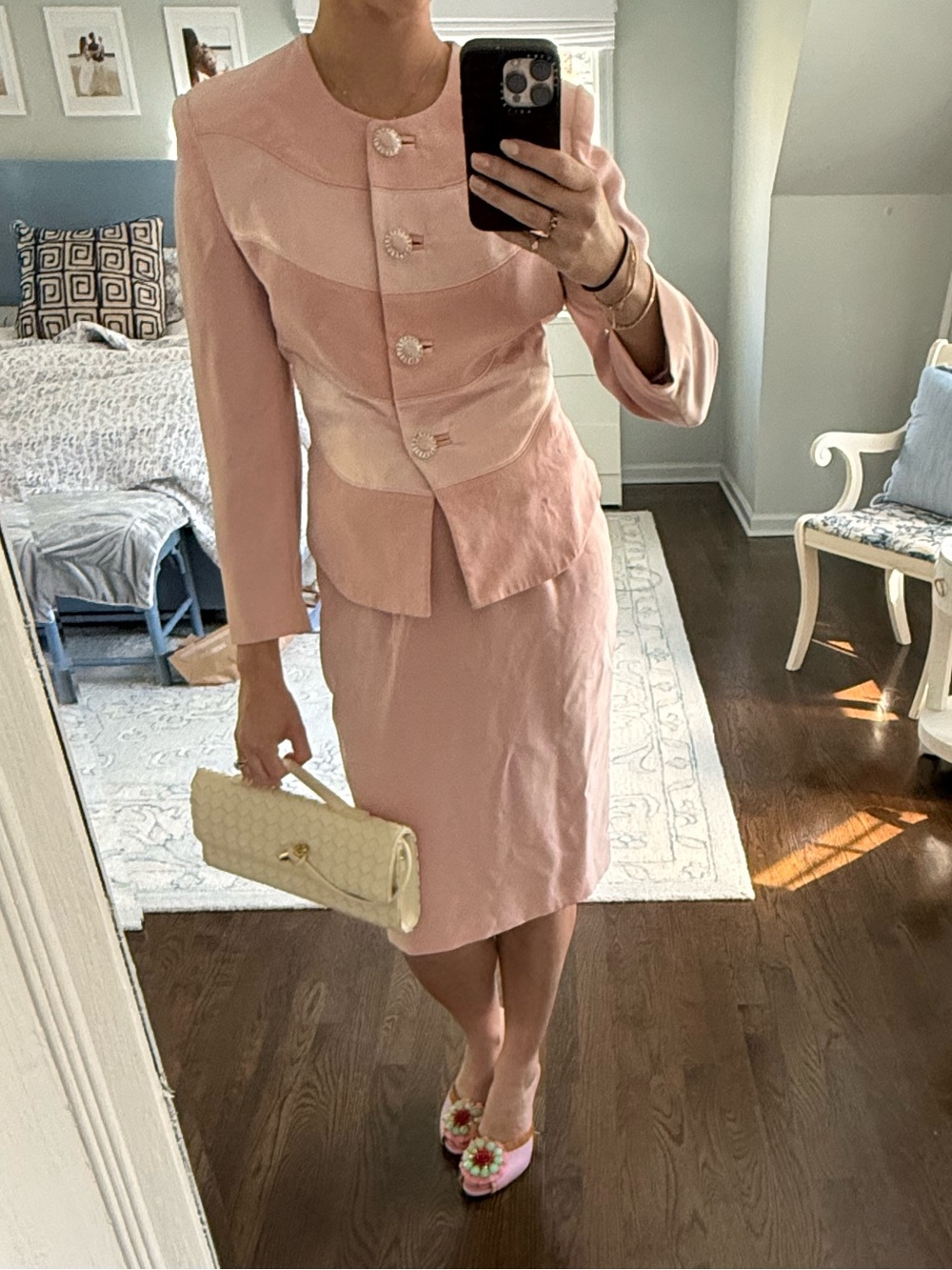 Sioni Pink Satin-Panel Skirt Suit